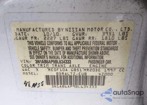 2011 Nissan Sentra 2.0S z USA, uszkodzony, nr VIN 3N1AB6AP9BL634333